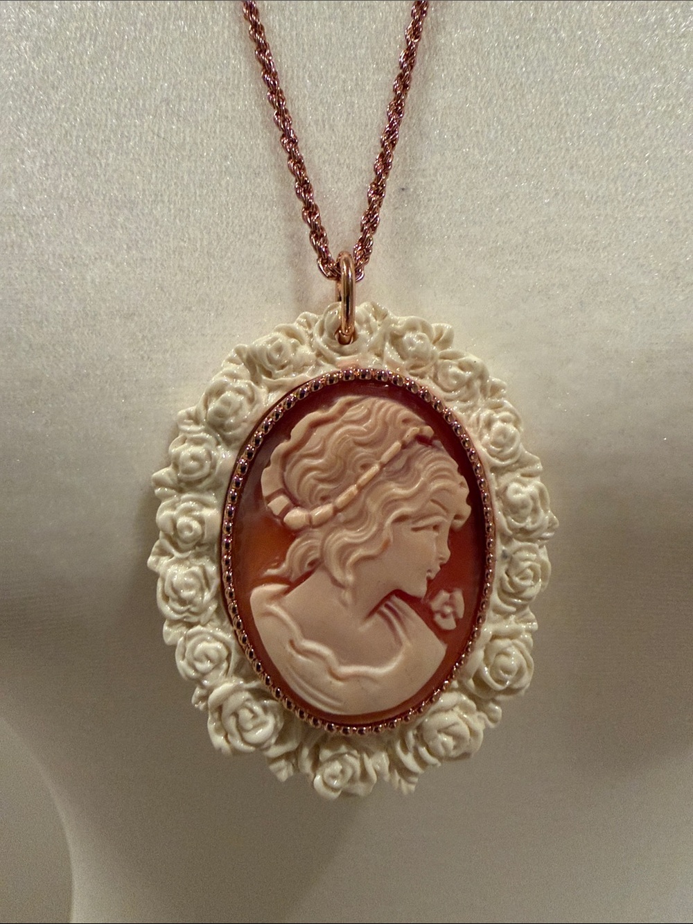 Vintage Amedeo Ornate Cameo Portrait Pendant Long Necklace